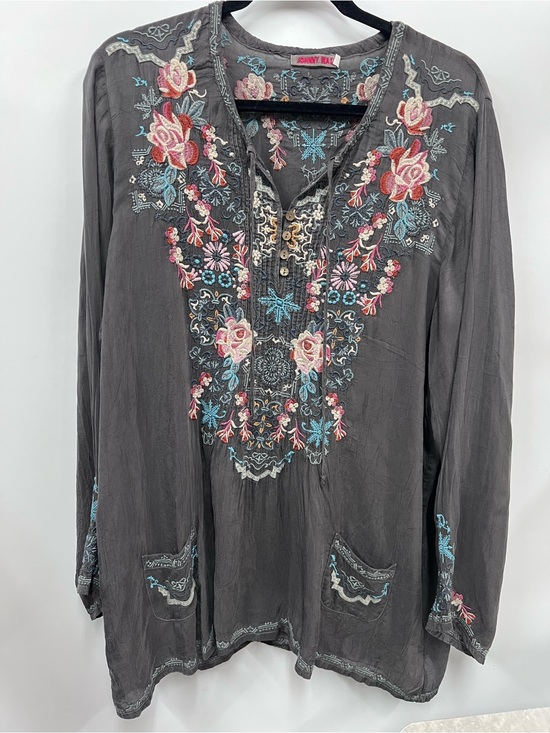 Johnny Was Tops - Johnny Was Charcoal grey Embroidered V-Neck tie Top Floral front pockets